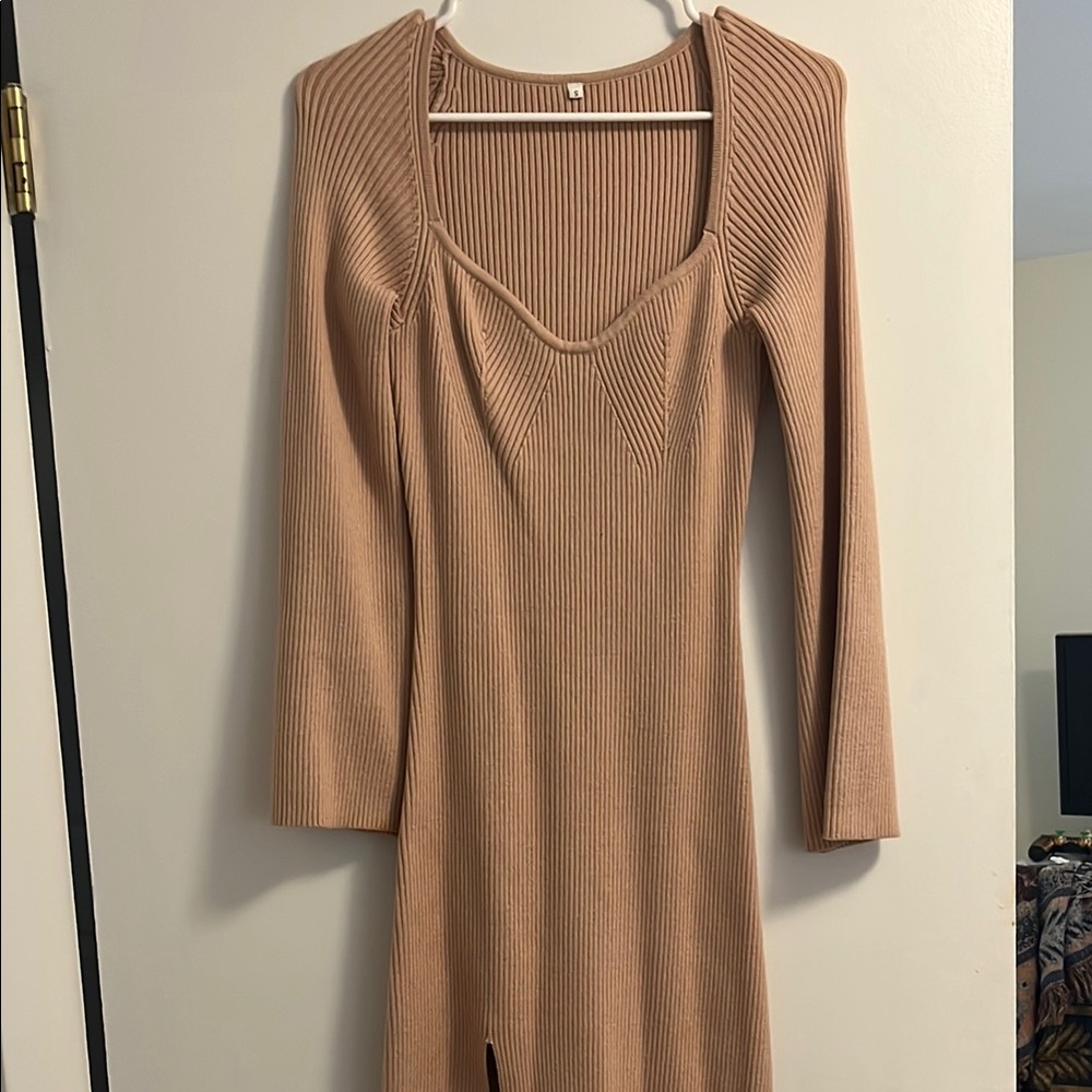 Elegant Tan Ribbed Dress